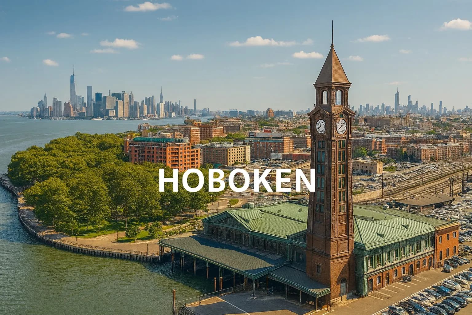 Automatic gate installation team near the Hoboken waterfront facing Manhattan in Hoboken, NJ