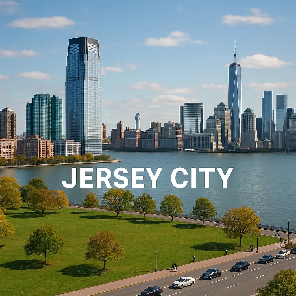Automatic gate installation team near Liberty State Park waterfront overlooking Manhattan in Jersey City, NJ