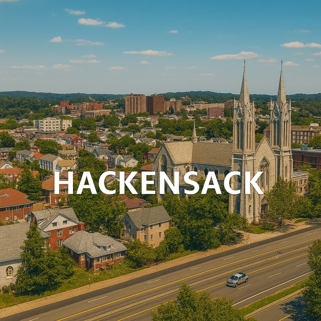 Hackensack landmark featuring the Bergen County Justice Center skyline